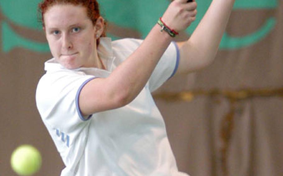 Paula Glover of ISB returns a shot from Lakenheath&#39;s Kallie Hedberg in a quarterfinal match that Glover won 6-1, 6-2. She later lost in the semis to Milan&#39;s Shivani Saxena 6-4, 6-2.