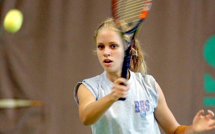 Ramstein&#39;s Alison Luthman returns a shot from Bitburg&#39;s Jennica Botonis in their quarterfinals match. Botonis won 6-3, 6-1.