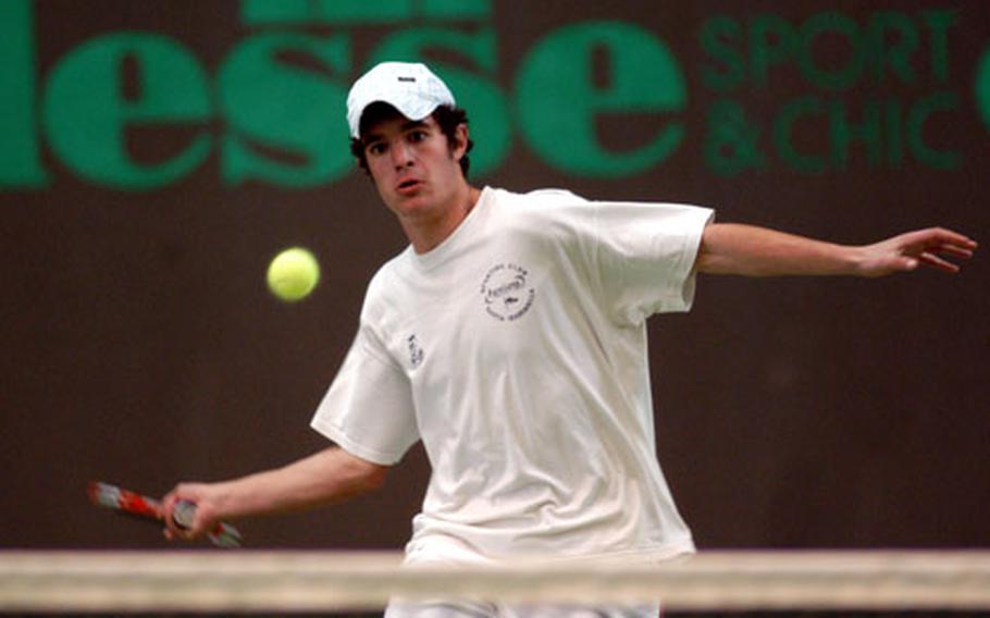 SHAPE’s Claudio Giraldi has his eyes on a shot from Heidelberg’s Mike Sanchez in the DODDS-Europe boys tennis title match in Wiesbaden on Saturday. Giraldi, the top seed, beat No.2 Sanchez 6-2, 6-3.