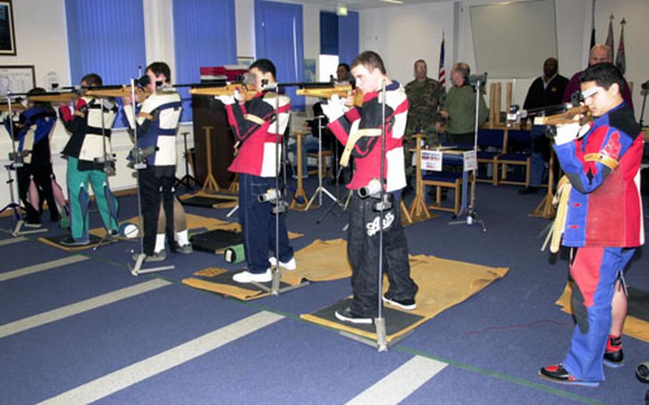 Competitors from seven high schools take aim at the target in the DODDS European maksmanship championships in Hiohenfels, Germany, on Saturday.