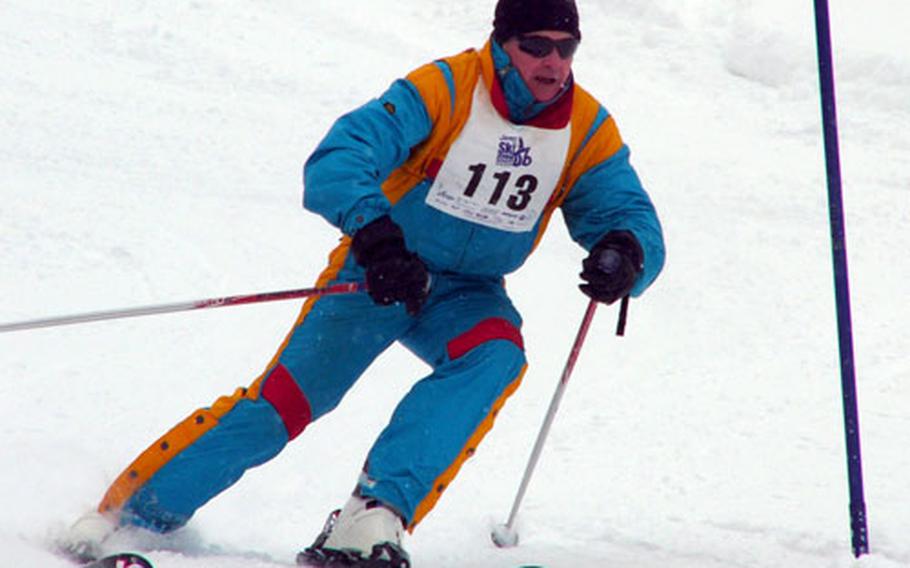 Kaiserslautern&#39;s Peter Donnelly speeds to the finish in Sunday&#39;s slalom. Donnelly placed third in the military masters event for active-duty skiers aged 40 and over.