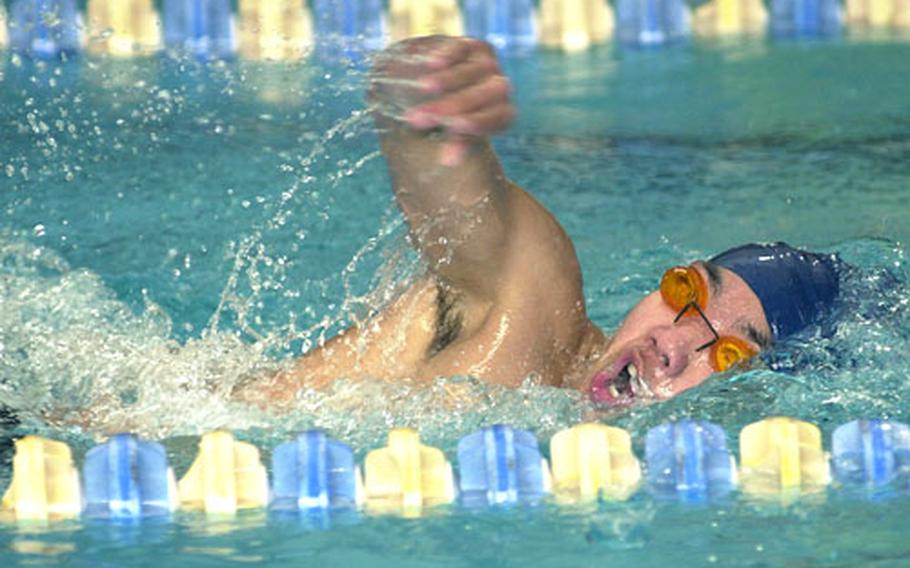 Scott Wood of the Okinawa Dolphins Swim Team swims the boys 15- to 18-year-old 200-meter freestyle during Sunday&#39;s American Swim Council in Japan Junior Olympic meet. Wood finished 13th in 2 minutes, 27.13 seconds.