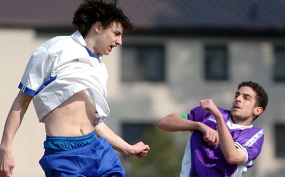 Ramstein’s Sean Bannister hits a header over Würzburg’s Taylor Dallen.