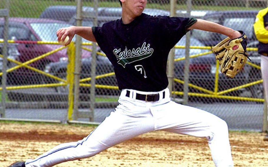 Right-hander Waturu Smiley of the Kubasaki Dragons delivers against the Kadena Panthers during Saturday’s DODDS-Okinawa season opener at Chibana Recreation Area near Kadena Air Base, Okinawa.