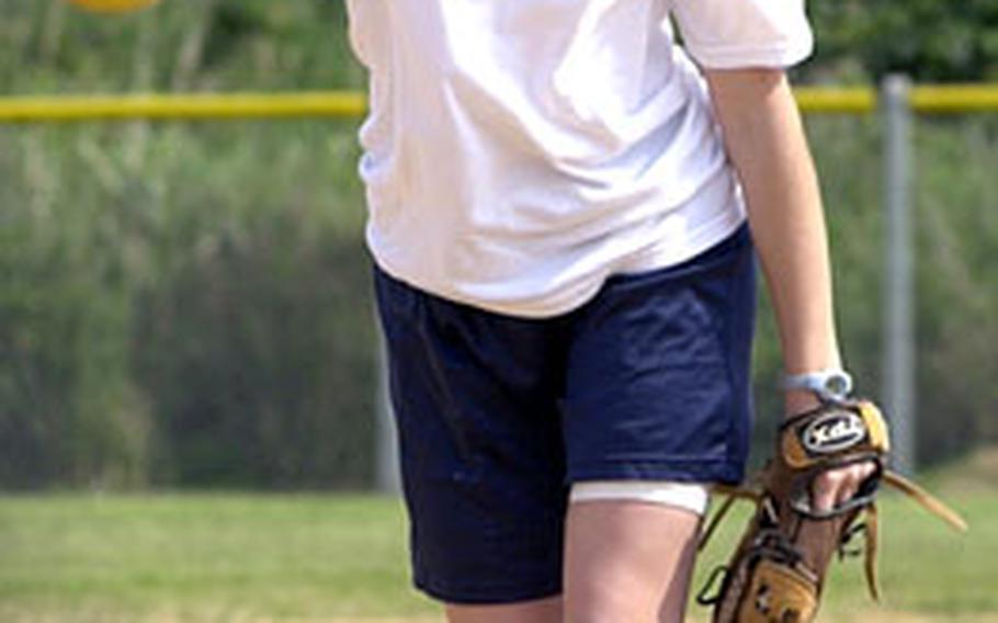 Kadena sophomore right-hander Kara Davis delivers during softball practice Thursday at Kadena Air Base, Okinawa.