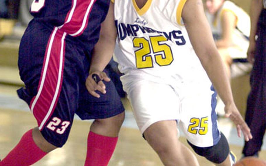 Laurie Aaron (25), a two-time All-Army guard assigned to Suwon Air Base in South Korea, helped the All-Army team reclaim the championship of the All-Armed Forces women’s basketball tournament on Thursday at Miramar Marine Corps Air Station, Calif.