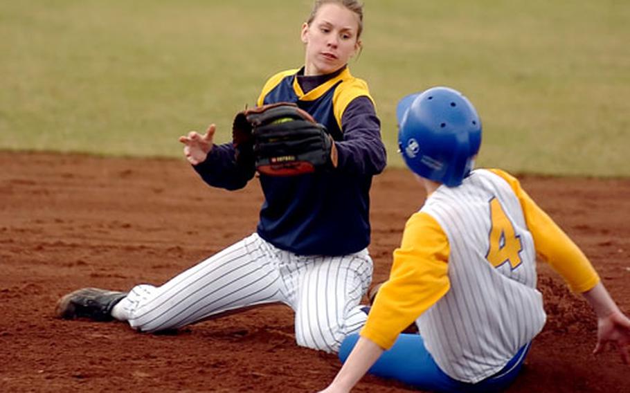 Heidelberg’s Caitlyn Donnelly tags Wiesbaden’s Jennifer Yapp for the final out in the second game of a doubleheader in Darmstadt, Germany, on Saturday. Heidelberg defeated Wiesbaden 12-8 after falling 9-2 in the first game.