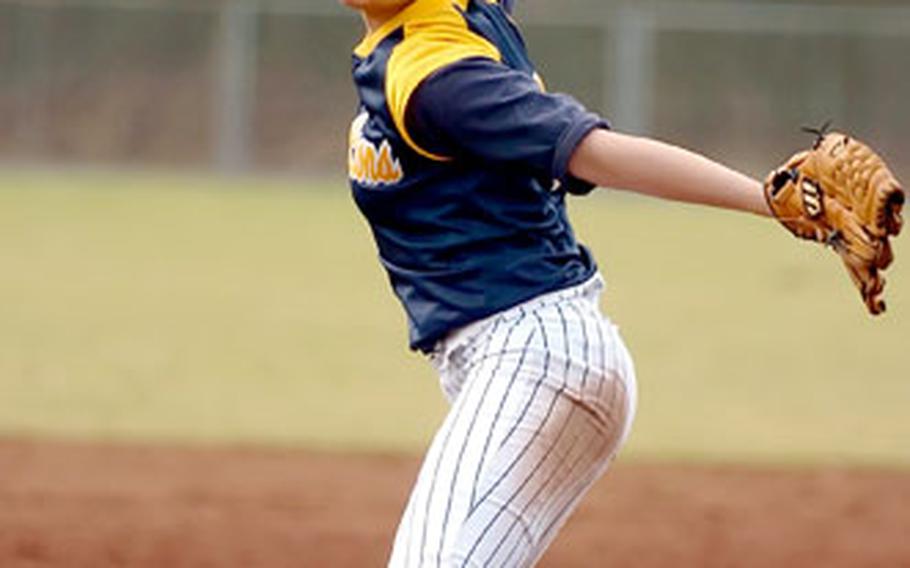 Heidelberg’s Gabrielle Alexander winds up for a pitch in the second game of a doubleheader against Wiesbaden.