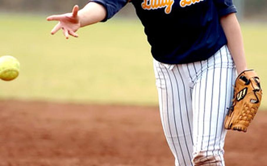 Heidelberg’s Gabrielle Alexander tosses a strike in the second game of a doubleheader against Wiesbaden.