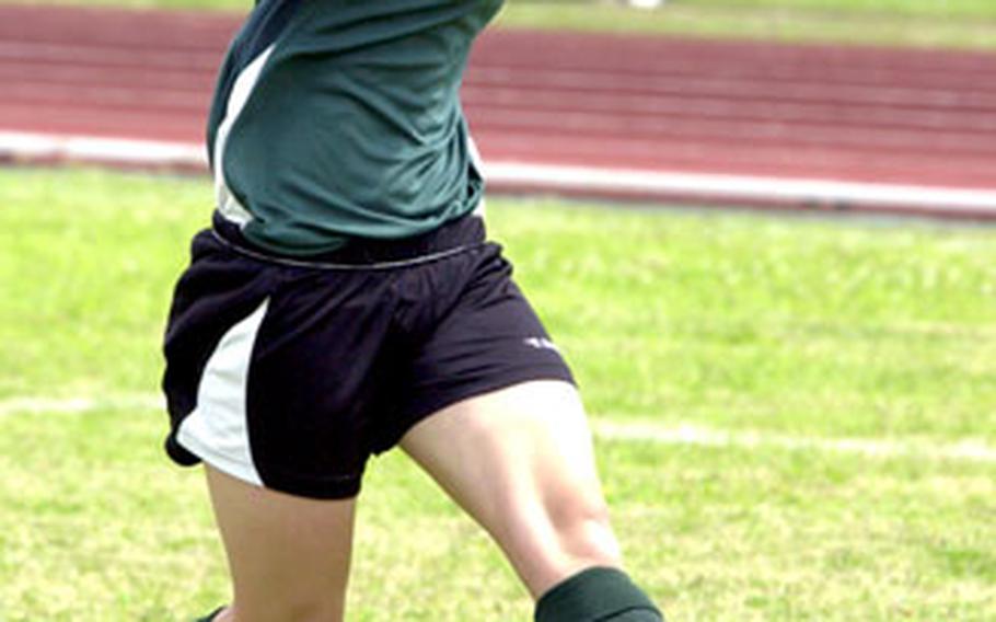 Kubasaki freshman Natalie Monti scores the first goal against Nishihara during Saturday’s game on Camp Foster, Okinawa.