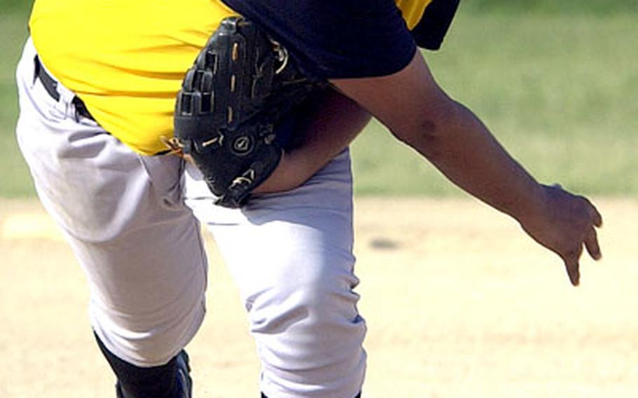 Kadena’s James Lee delivers against Naha Spirit during Tuesday’s high school baseball game at Chibana Recreation Area, near Kadena Air Base, Okinawa. Lee took the loss, giving up four earned runs, two hits and five walks while striking out four in 3 2/3 innings as Spirit won 6-1.