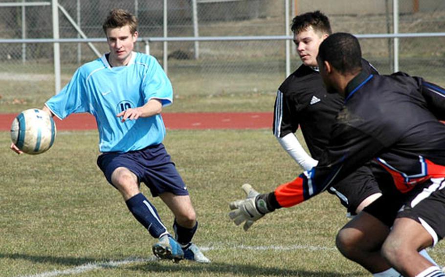 Sean Kerber of Heidelberg looks to control the ball during a recent home game. Kerber’s coach, Perry Puppolo, says he is not only fast, but also very physical.