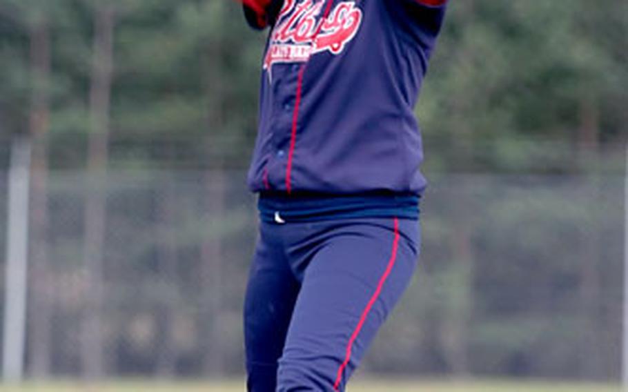 Bitburg pitcher Ashley Kazimer winds up for a pitch during the second of two games against Hanau on Saturday. Bitburg defeated Hanau 16-0 in both games.