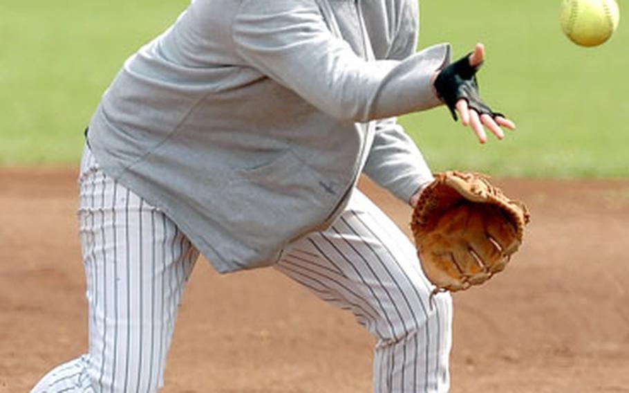 Hanau second baseman Jessica Winkle makes an underhand toss to first base during the second of two games against Bitburg on Saturday.