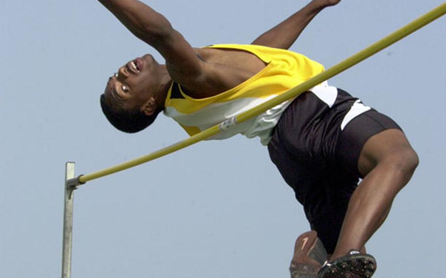 Kadena Panthers senior Marquis Newton won the high jump for the second straight year in Friday’s Okinawa Activities Council district track and field championship at Camp Foster, Okinawa. Newton cleared 6 feet, 2 inches.