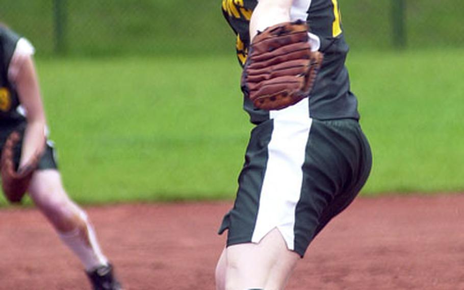 Alconbury&#39;s Meagan Archer was the winning pitcher in the Dragons&#39; 7-4 win over Incirlik in opening day action at the DODDS-Europe softball championships on Thursday.