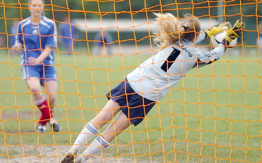 Heidelberg goalie Fallon Puppolo stops a penalty kick by Ramstein&#39;s Sarah Moore to clinch the girls Division I European Soccer Championship.