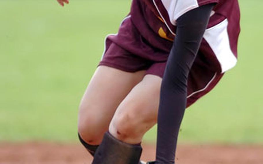 Baumholder’s Sharena Cabera fields a ground ball against Rota during the DODDS-Europe Small Schools softball final in Ramstein, Germany, on Saturday. Baumholder beat Rota 5-4 to win the championship.