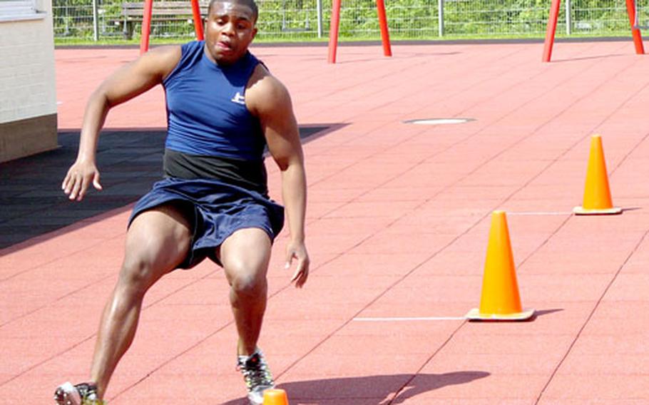 Heidelberg’s Quentellas Wynn prepares to reverse direction during the 20-yard shuttle run at Saturday’s DODDS-Europe Sports Combine at Heidelberg, Germany.