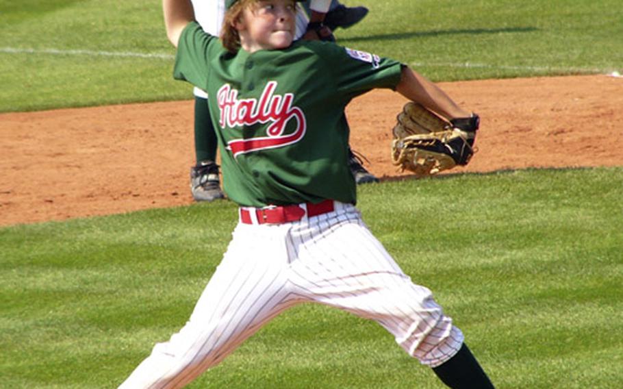 Naples starter Zach Lilley delivers a pitch during his team&#39;s 6-2 Transatlantic Regional loss to Brussels on Sunday in Kutno, Poland. Lilley took the loss despite yielding just three runs and five hits in five innings.