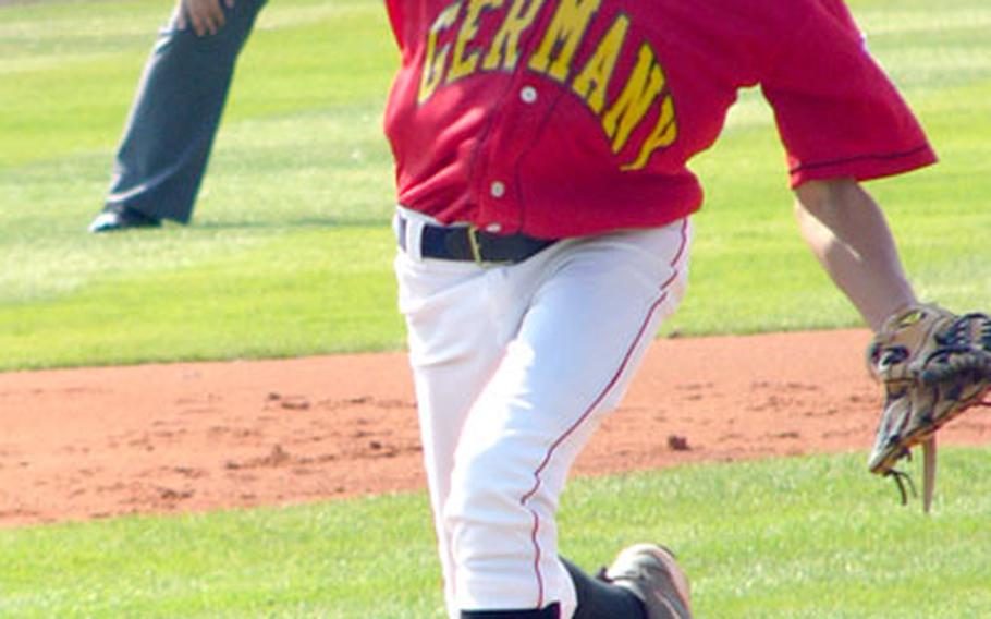 Ramstein starter Finn Harrington delivers a pitch during Monday’s Little League loss to Saudi Arabia.