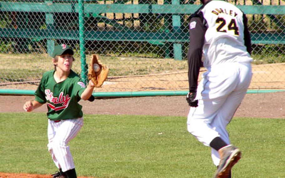 Naples first baseman Brendan Bowe retires Saudi Arabia’s Aaron Durley on a ground ball to pitcher Brandon Cavil during the second inning of Saudi Arabia’s 11-0 victory on Tuesday in the Trans-Atlantic Regional at Little League Baseball’s European Region headquarters in Kutno, Poland.