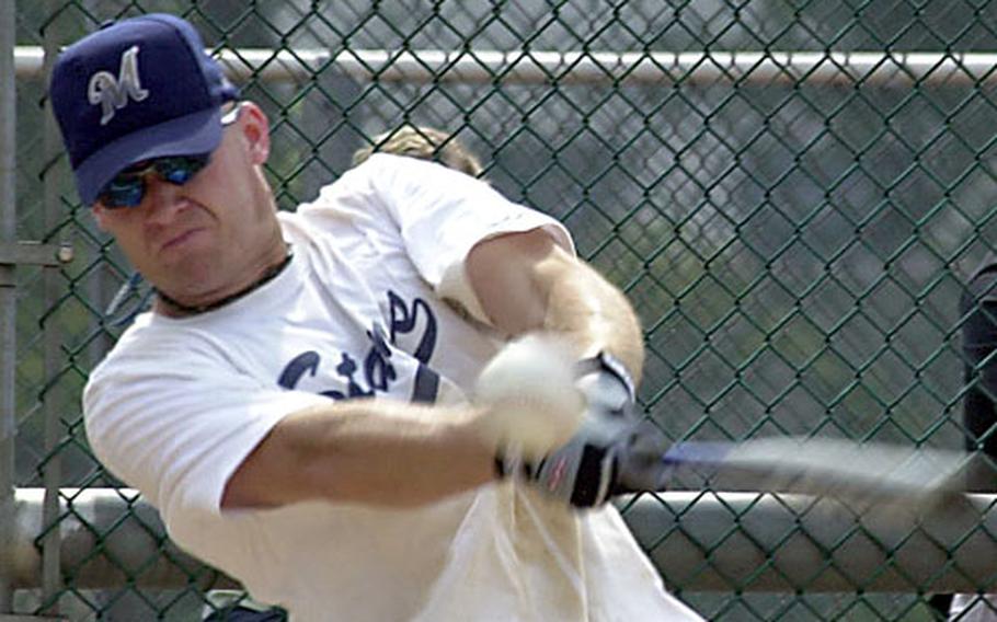 Patrick Schwomeyer of the Osan Mustangs bats during Sunday’s championship game of the Koreawide post-level softball tournament at Yongsan Garrison, South Korea.