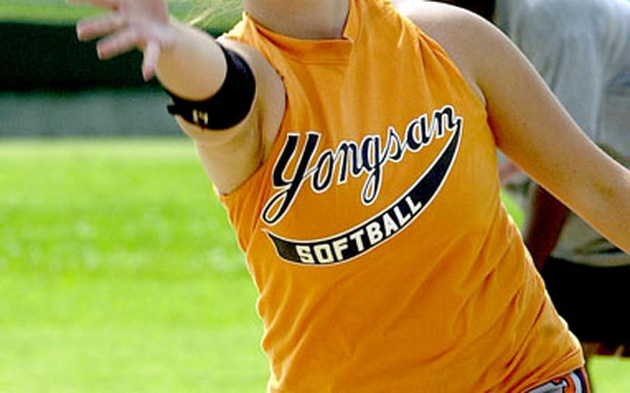 Gretchen Rice of Yongsan Garrison pitches during Sunday’s women’s championship game at Yongsan Garrison, South Korea.