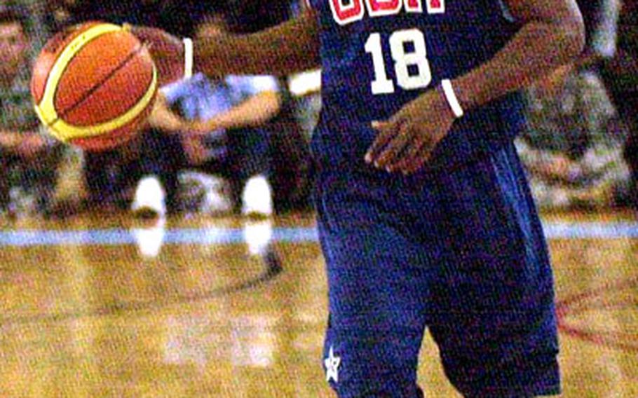 Team USA and New Orleans Hornets guard Chris Paul looks for the open pass during a scrimmage before about 1,000 servicemembers at Camp Casey&#39;s Carey Gym on Wednesday.