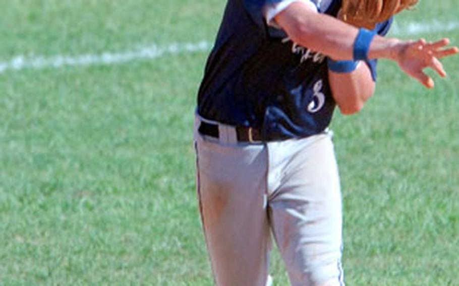 Shortstop Keegan Mueller of Iwakuni Air Station fires to first base during the 2006 Marine Forces Pacific Regional Softball Tournament at Camp Foster, Okinawa, on Friday.