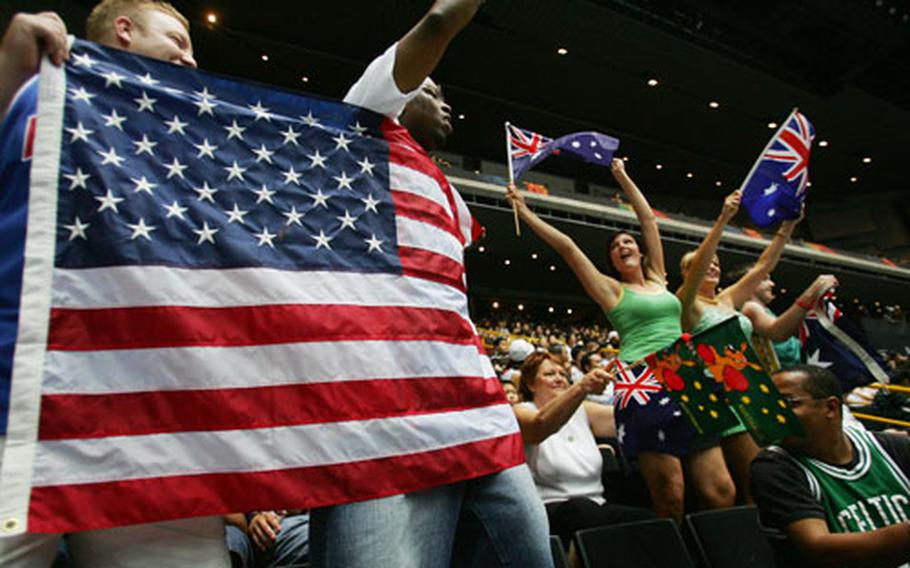 USA and Australian basketball fans show their support prior to a match between the teams on Sunday at the World Basketball Championships in Saitama, Japan.