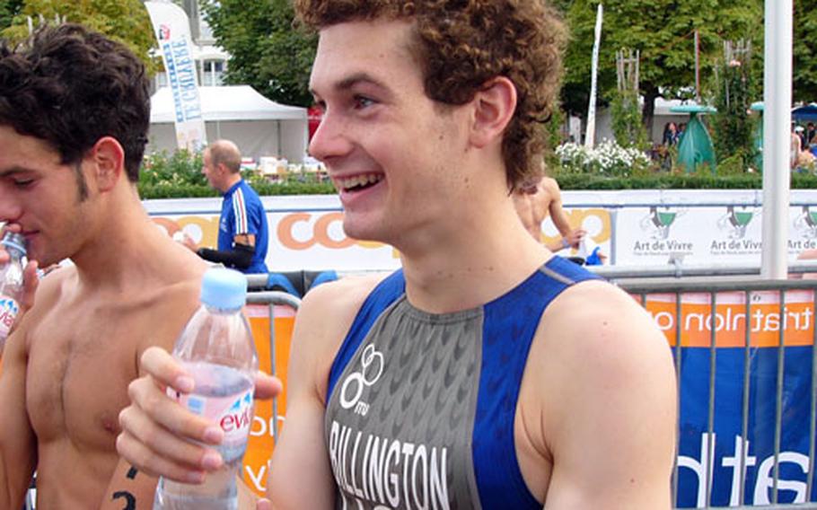 U.S. junior national triathlon team athletes Greg Billington (23) and Zachary Paris discuss their experiences Saturday in the World Triathlon Championships in Lausanne, Switzerland.