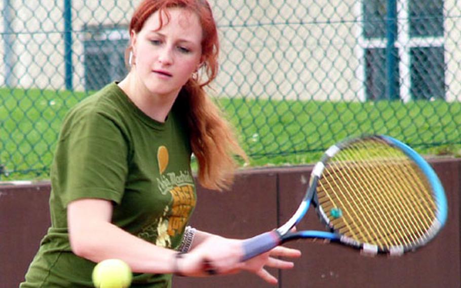 Patch High School junior Mariel McNevin eyes a backhand during practice Tuesday at Patch Barracks, Vaihingen, Germany.