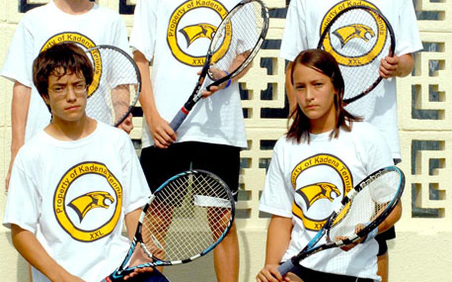 From left: Kadena freshmen Kyle Trenor, Kyle Sprow and Alex Davis (standing), and Elliot Mason and Ellisa Mason (kneeling), have helped the Panthers go 14-2 in individual singles and doubles matches and sweep their two dual meets with Kubasaki.