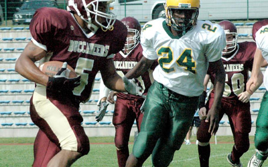 Baumholder senior running back Rashad Taylor turns upfield earlier this season against SHAPE. In the Bucs’ three games this season, Taylor has rushed for 698 yards and 12 touchdowns.