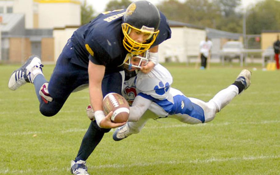 Heidelberg quarterback Matthew Howard-Darling dives for the end zone in the fourth quarter Saturday at Heidelberg, Germany. Unfortunately for the Lions, the play was called back on a penalty. Ramstein won the game 14-7.