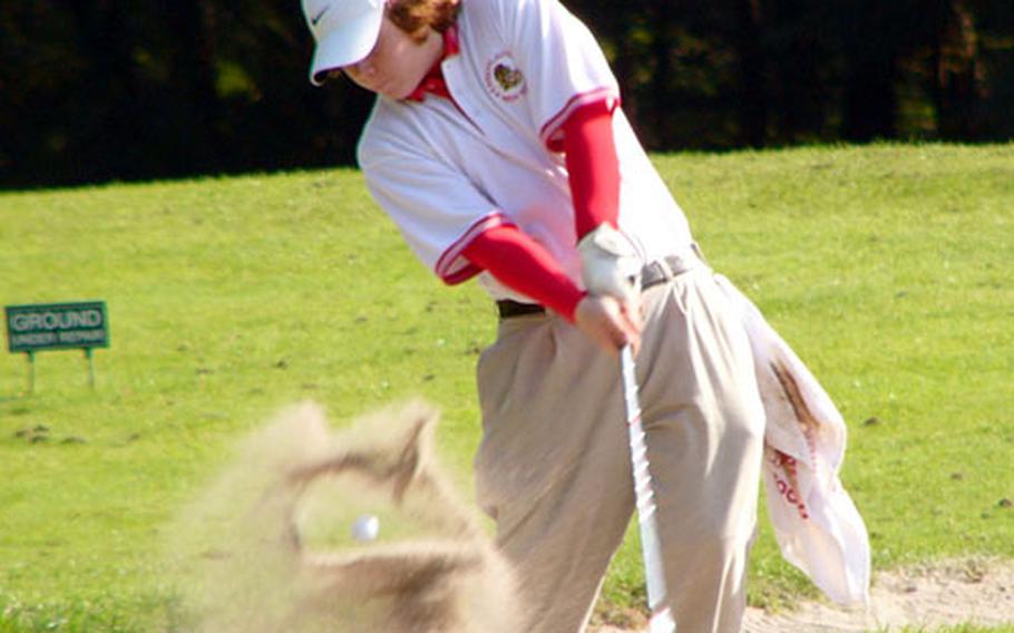 Kyle Bookout of Kaiserslautern exits a bunker on Rheinblick Golf Course&#39;s eighth hole Thursday during first-day play in the two-day DODDS-Europe high school golf championships, which end Friday at Wiesbaden-Frauenstein.