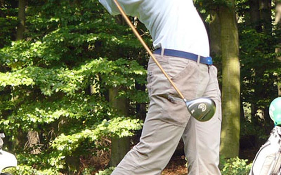 Barbara Burriss of Kaiserslautern follows through on her tee shot on Rheinblick Golf Course&#39;s sixth hole Thursday.