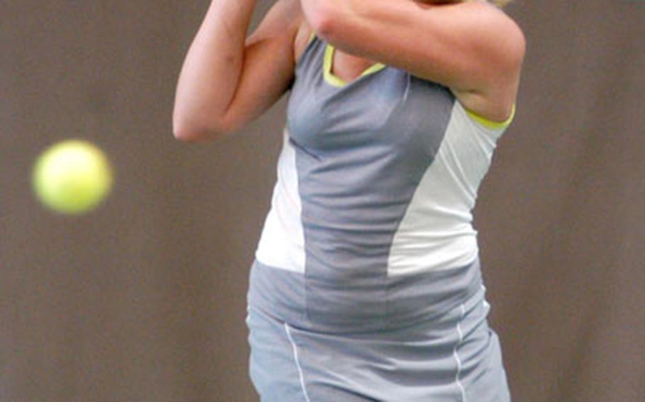 SHAPE’s Krista Citkovska returns a shot during last year’s DODDS-Europe girls’ tennis championship final. Citkovska, who finished the 2006 regular season undefeated, will begin her title defense as the top seed.