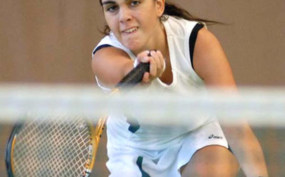 Milan&#39;s Vittoria Musotto watches her shot sail over the net in her 7-6 (9-7), 0-6,2-6 semi-final loss to second-seeded Jennica Botonis. Earlier in the day Musotto upset third-seeded Alison Luthman of Ramstein.