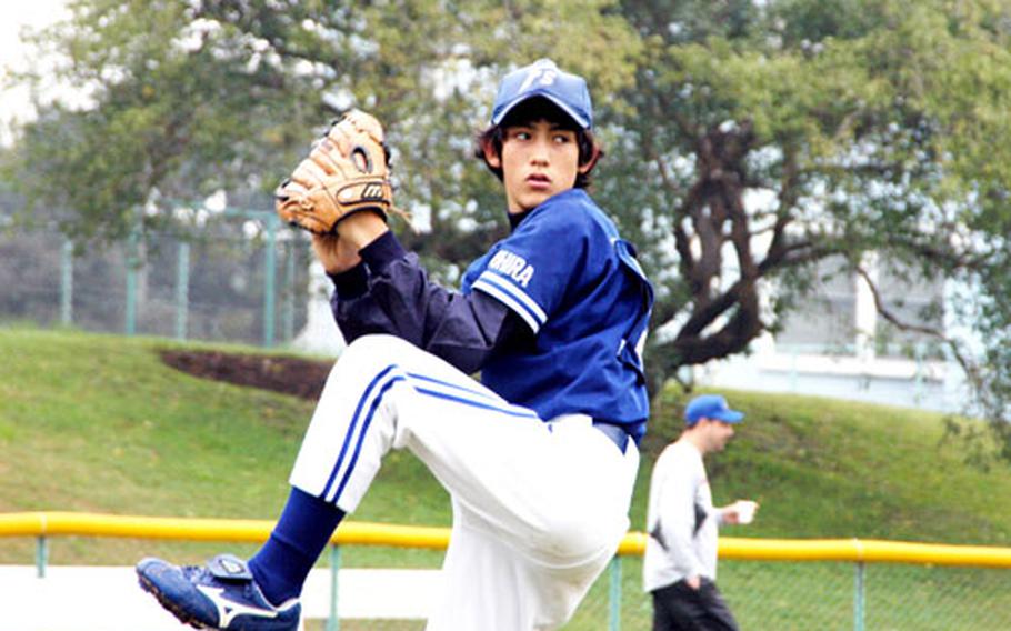 Kyle Fajardin pitches during practice at the Negishi Housing Area field Sunday.