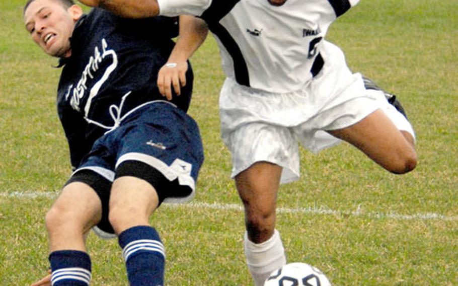 Joseph Napoleon (6) of Iwakuni Air Station, Japan, shoves aside defender Dario Perez-Rincon of U.S. Naval Hospital Camp Lester, Okinawa, during Thursday&#39;s single-elimination playoff match in the 2006 Marine Forces Pacific Regional Soccer Tournament at Camp Foster, Okinawa. The teams were deadlocked 2-2 with eight minutes left when it was discovered Hospital used an ineligible player and had to forfeit the match.