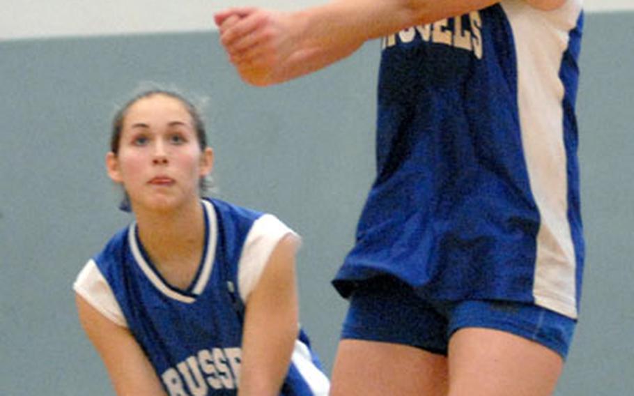 Kaitlyn Oppenheim from Brussels digs out a ball late in her team's three-game sweep against Bamberg on Friday.