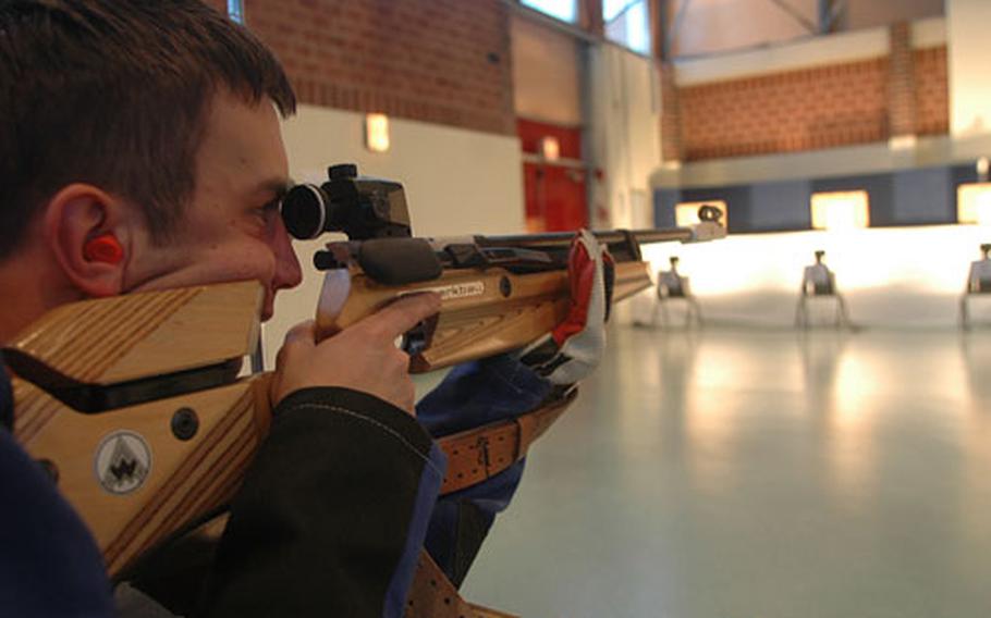 Mike Brady of Patch High School fires away Saturday during the USAREUR/DODDS Air Rifle Championship in Stuttgart, Germany. Patch tied for second place with Würzburg, two points behind first-place Hohenfels.
