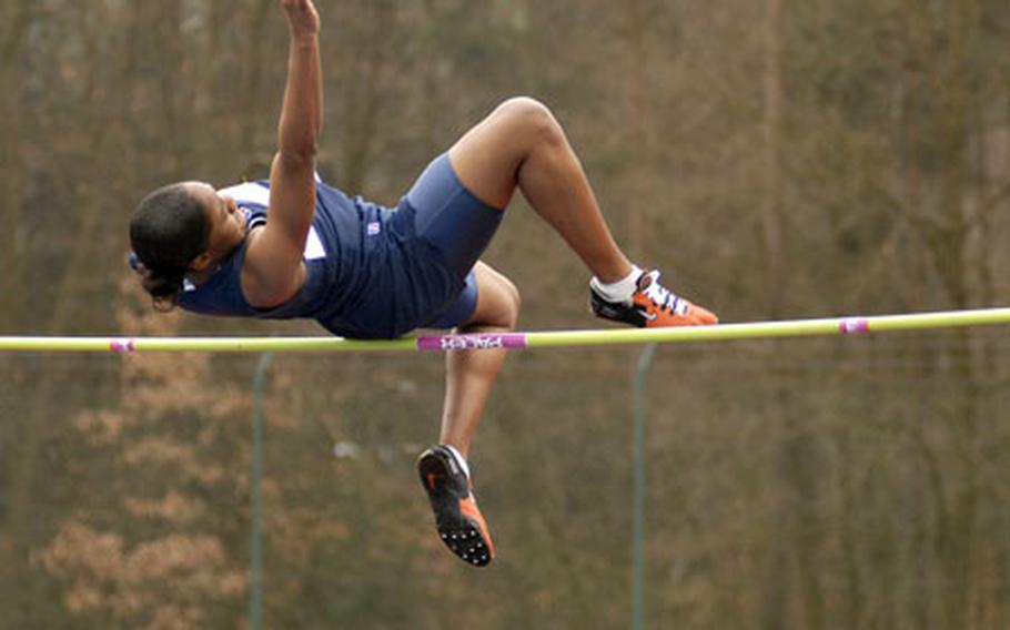 Deandra Rodgers, a senior from Heidelberg High School, clears 4 feet 10 inches in the high jump during a track meet at Ramstein on Saturday. Rodgers went on to win the event clearing 5 feet. Rodgers also won the girls 100-meter sprint with a time of 12.5 seconds.