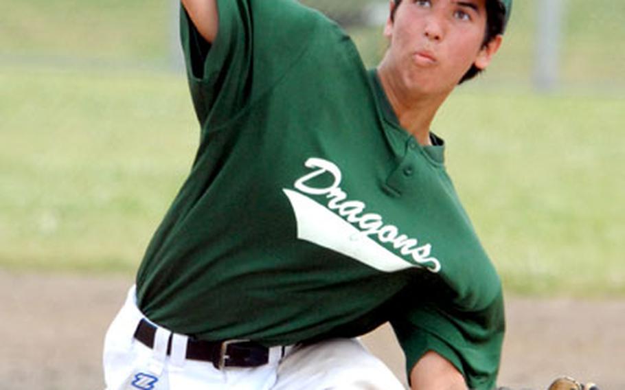 Kubasaki Dragons sophomore right-hander Wataru Smiley delivers against Naha Spirit, a Japanese club team, during Saturday&#39;s second game of a baseball doubleheader at Camp Foster, Okinawa. Kubasaki split the twin bill, winning the opener 17-16 and losing the nightcap 12-10.