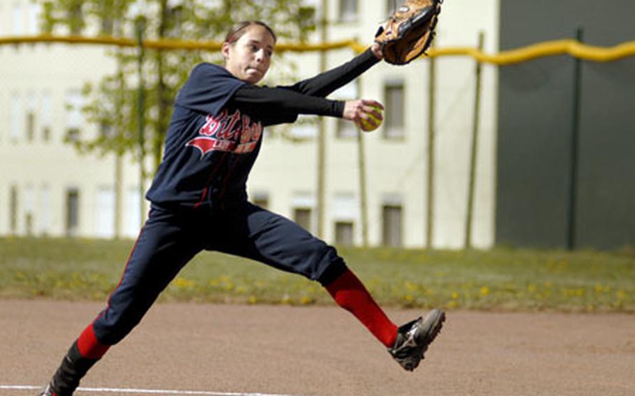 Sandra Davidson, a Bitburg sophomore, hurls a strike in the first game of a doubleheader sweep of against Mannhiem on Saturday at Bitburg.