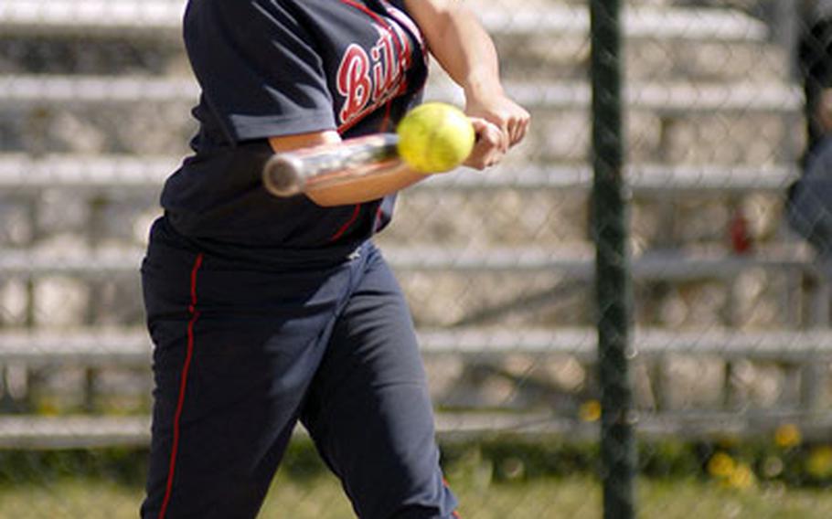 Ashley Chauvin, a Bitburg junior, cracks a single in the third inning of the first game of a doubleheader against Mannhiem Saturday at Bitburg. Chauvin went on to score a run in Bitburg&#39;s 15-0 win. Bitburg won the nightcap 22-4 to complete the sweep.