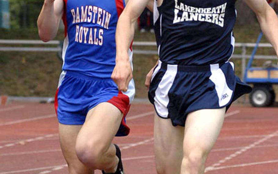 Lakenheath&#39;s Greg Billington, right, leads Ramstein&#39;s Kyle Southard through the last turn of a thrilling boys&#39; 1,500-meter run at the 2007 DODDS-Europe track and field finals in Rüsselsheim, Germany, on Saturday. Billington won with a time of 3 minutes 56.89 seconds to Southard&#39;s 3:57.08.