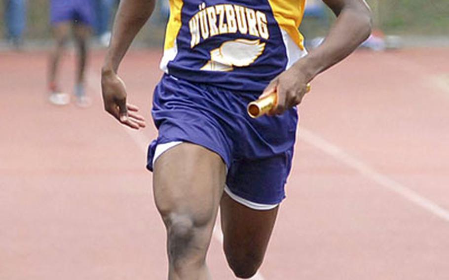 Würzburg&#39;s B.J. Harvey anchors the winning team in the 4x100-meter relay. Harvey also won the 100-meter and 200-meter events.